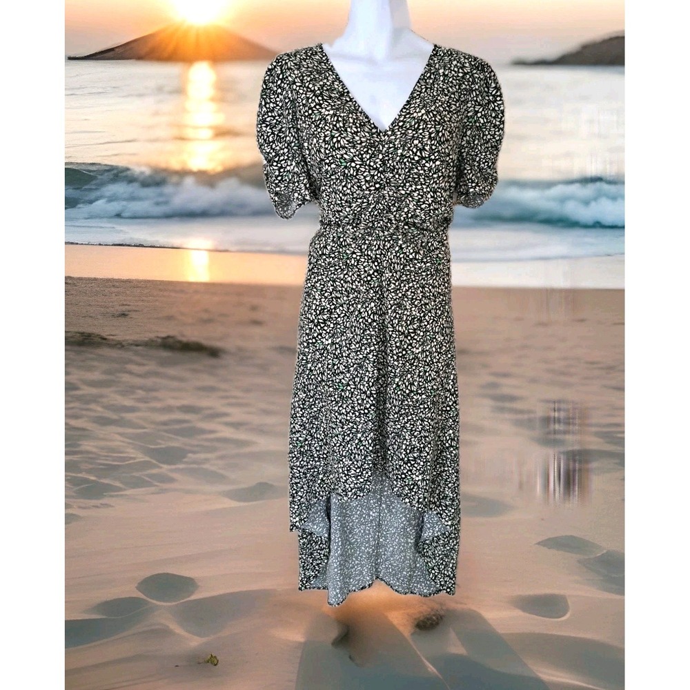 A New Day Midi Dress XL Floral V-Neck Ruched Front & Sleeves Beachy Flowy Boho